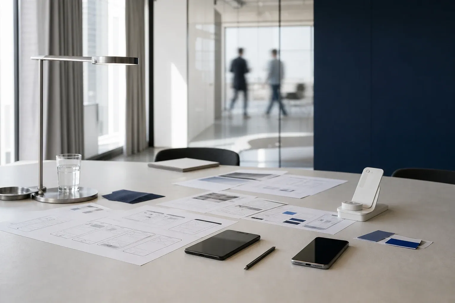 Editorial product worktable with mobile prototypes and blurred people beyond glass